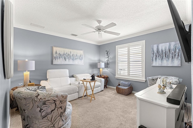 interior space with ceiling fan, crown molding, light colored carpet, and a textured ceiling