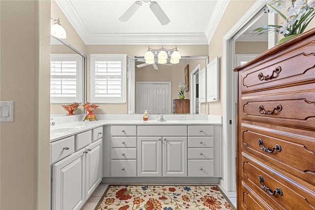 bathroom with vanity, tile patterned floors, ceiling fan, and crown molding