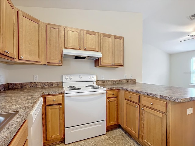 kitchen with ceiling fan, kitchen peninsula, vaulted ceiling, white appliances, and light tile patterned floors