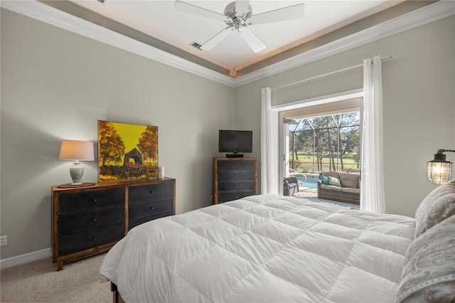 carpeted bedroom with access to exterior, ceiling fan, and crown molding