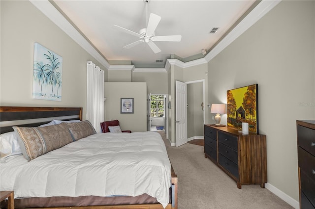 bedroom featuring light colored carpet, ceiling fan, and ornamental molding