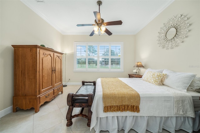 bedroom featuring light tile patterned floors, ceiling fan, and crown molding