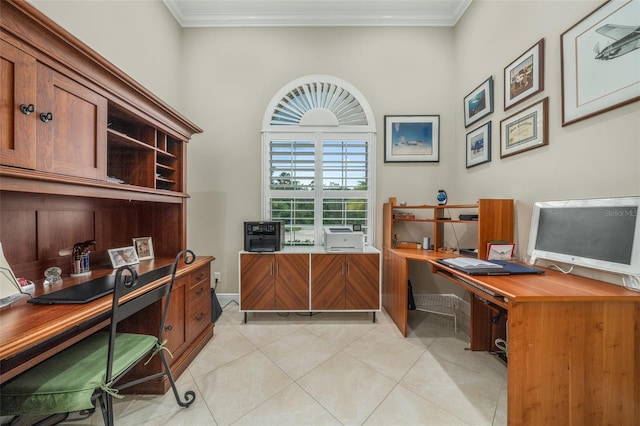 tiled office space featuring ornamental molding