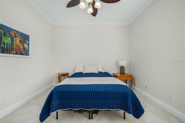 bedroom featuring ceiling fan, crown molding, and light tile patterned flooring