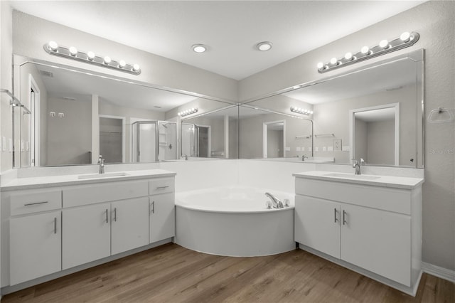 bathroom featuring vanity, separate shower and tub, and wood-type flooring