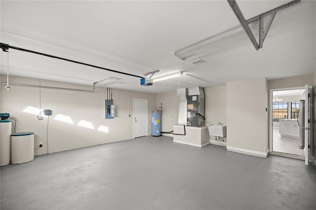 garage featuring sink, electric water heater, heating unit, electric panel, and a garage door opener