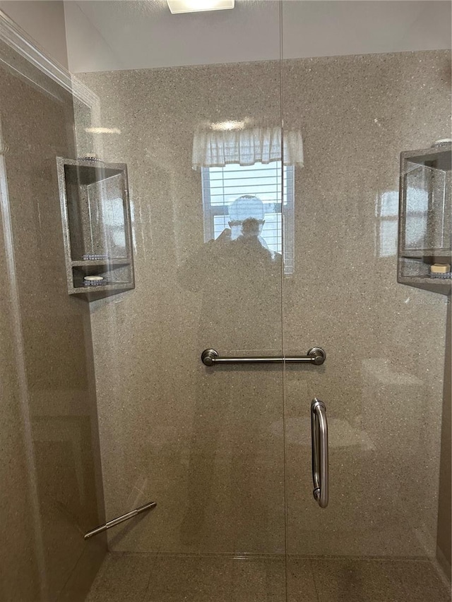 bathroom featuring a shower with shower door