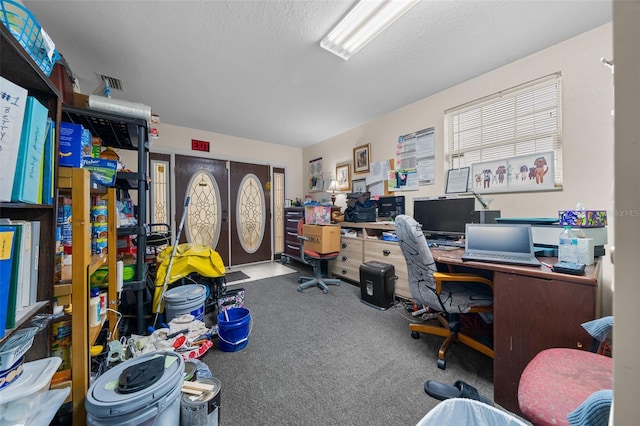 carpeted office space with a textured ceiling