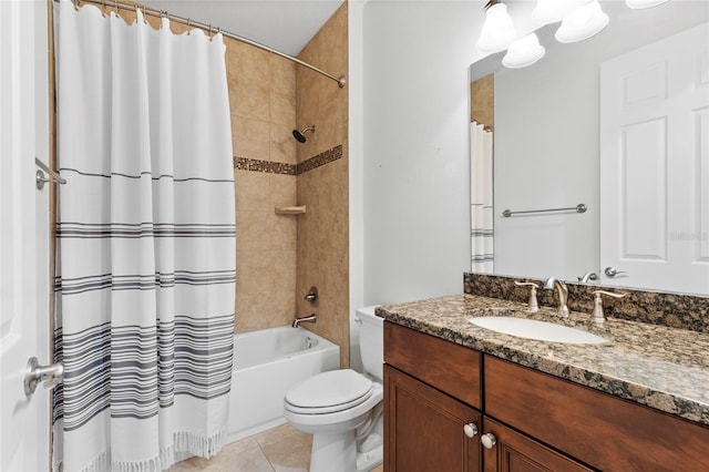 full bathroom featuring tile patterned flooring, vanity, toilet, and shower / bath combo with shower curtain