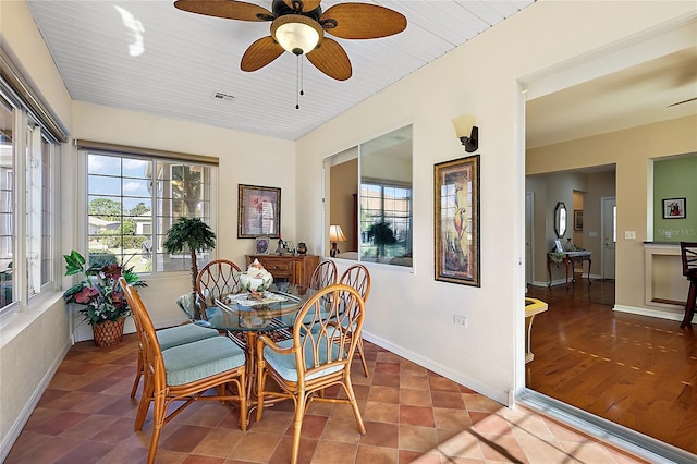 dining space featuring tile patterned floors, ceiling fan, and wooden ceiling