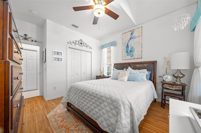 bedroom featuring ceiling fan, a closet, and light hardwood / wood-style floors