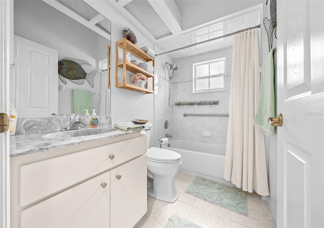 full bathroom with tile patterned floors, vanity, toilet, and shower / bath combo with shower curtain