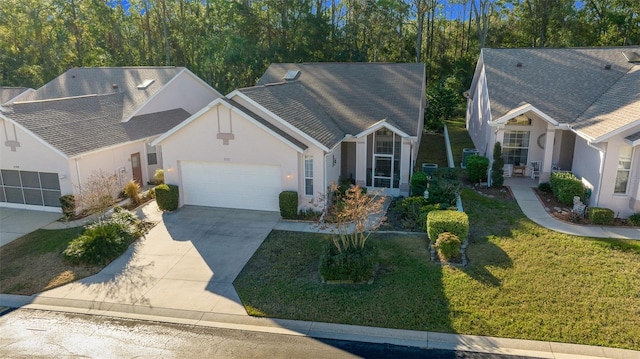 view of front of property featuring a front lawn and a garage