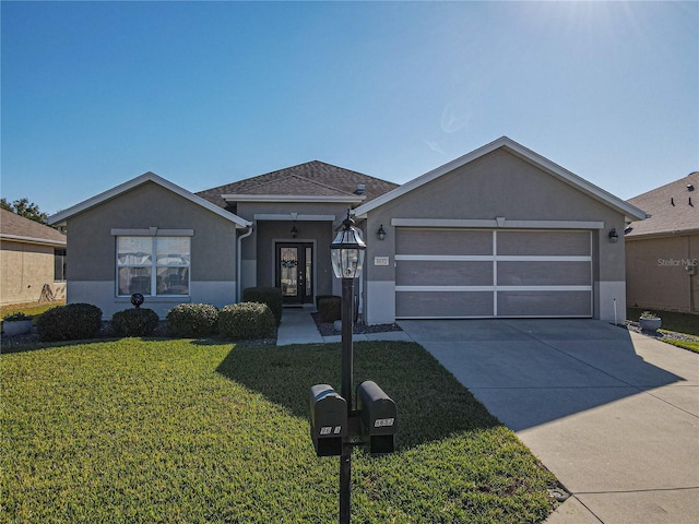 ranch-style house with a front yard and a garage