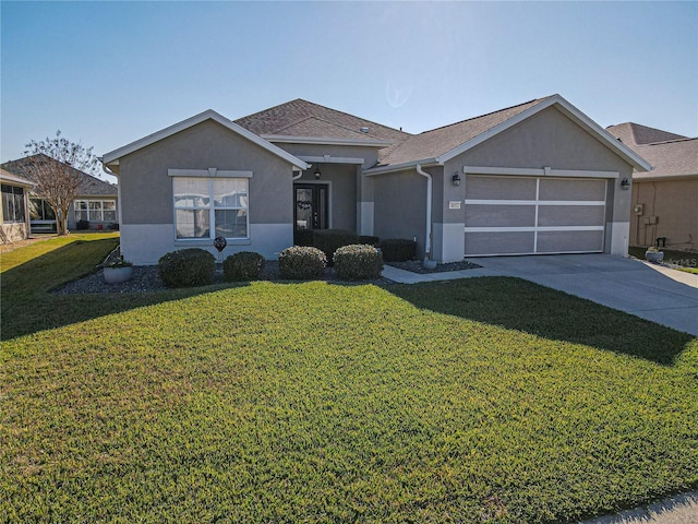 ranch-style home with a front lawn and a garage