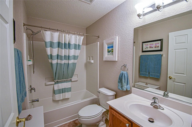 full bathroom featuring vanity, toilet, shower / bath combo, and a textured ceiling