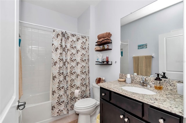 full bathroom with vanity, tile patterned flooring, toilet, and shower / bath combo with shower curtain