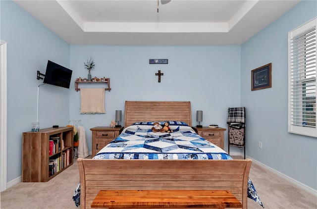 carpeted bedroom featuring a raised ceiling