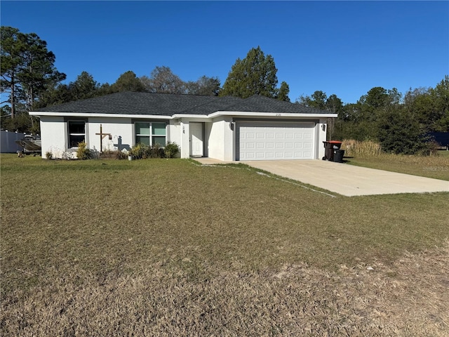 ranch-style home with driveway, a garage, a front lawn, and stucco siding