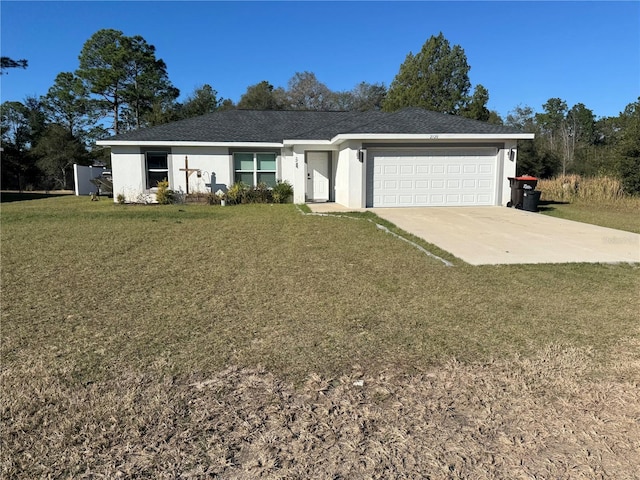 ranch-style home with a front yard and a garage