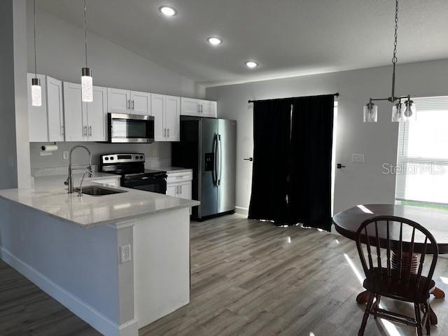 kitchen featuring stainless steel appliances, white cabinets, a sink, wood finished floors, and a peninsula