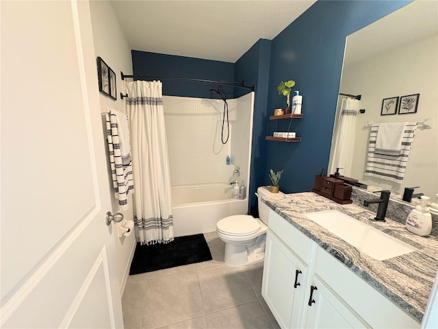 full bathroom with toilet, vanity, shower / tub combo, and tile patterned flooring