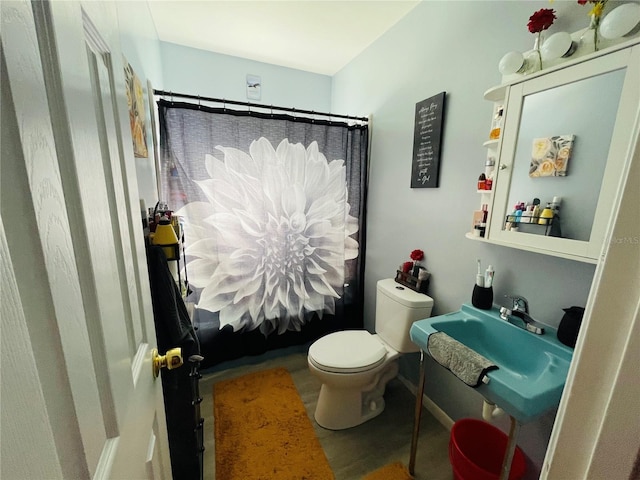 bathroom featuring a shower with shower curtain, wood-type flooring, and toilet