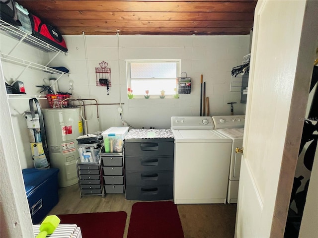 laundry room featuring wood ceiling, washing machine and dryer, water heater, and dark wood-type flooring