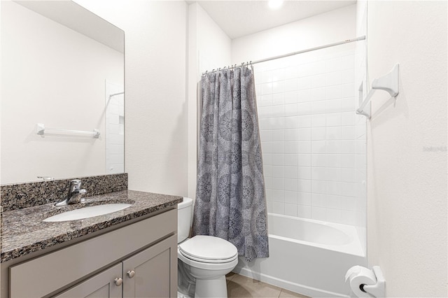 full bathroom with vanity, shower / bathtub combination with curtain, and toilet