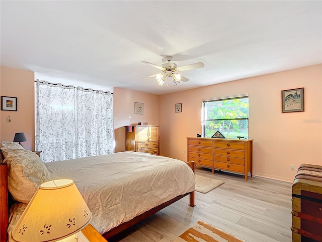 bedroom featuring ceiling fan and light hardwood / wood-style flooring