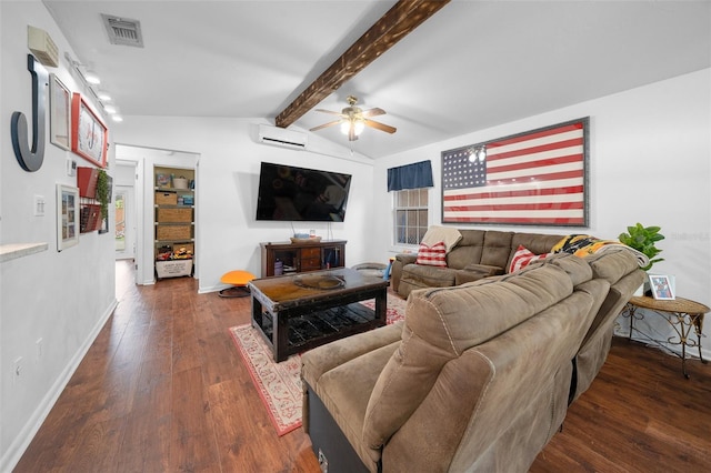 living room featuring vaulted ceiling with beams, ceiling fan, dark hardwood / wood-style floors, and a wall unit AC