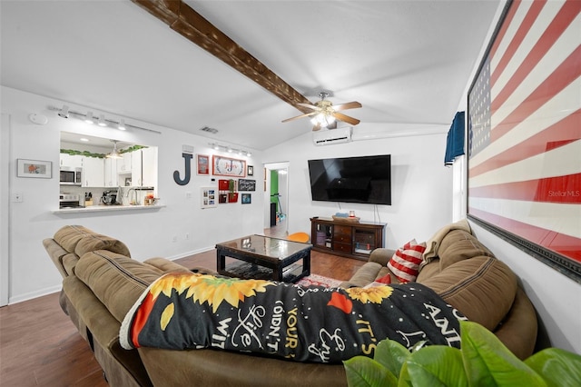 living room with vaulted ceiling with beams, ceiling fan, dark hardwood / wood-style flooring, and a wall unit AC