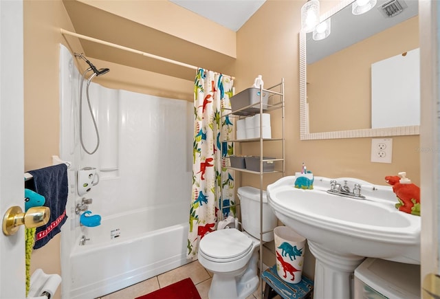 bathroom with tile patterned floors, toilet, and shower / bathtub combination with curtain