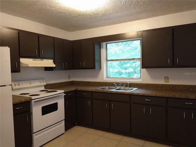 kitchen with sink, a textured ceiling, white appliances, dark brown cabinets, and light tile patterned floors