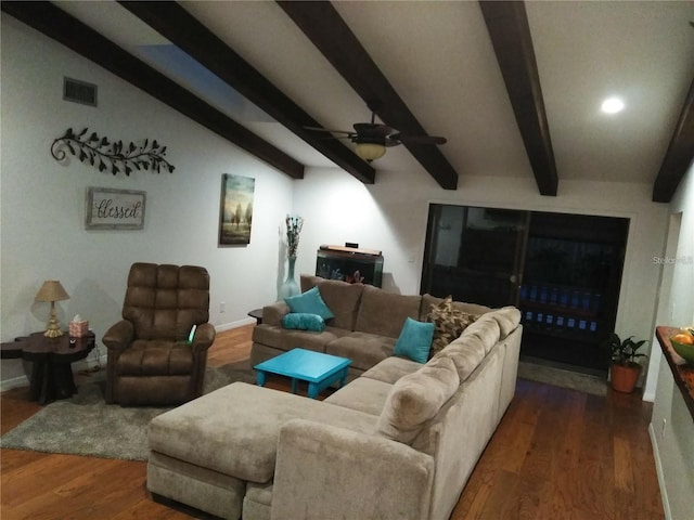 living room with vaulted ceiling with beams, ceiling fan, and dark hardwood / wood-style floors