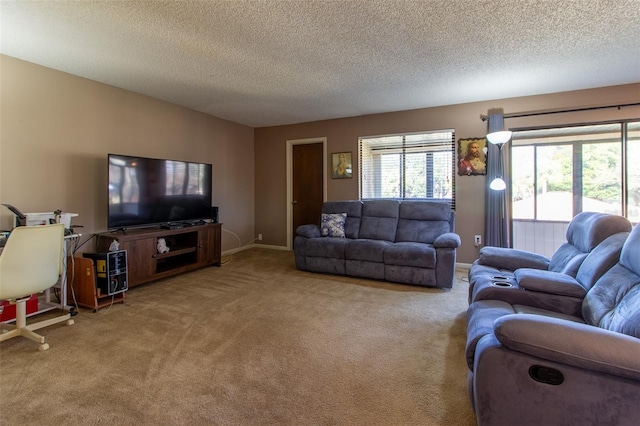 carpeted living room with a textured ceiling