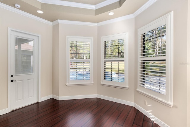 interior space with ornamental molding, dark hardwood / wood-style flooring, and a tray ceiling