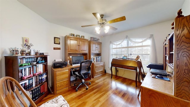 office space with light hardwood / wood-style floors and ceiling fan