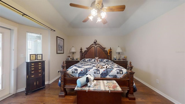 bedroom with multiple windows, ceiling fan, a raised ceiling, and dark hardwood / wood-style floors