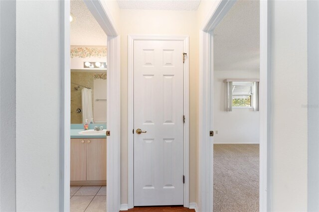 hall with carpet flooring, a textured ceiling, and sink