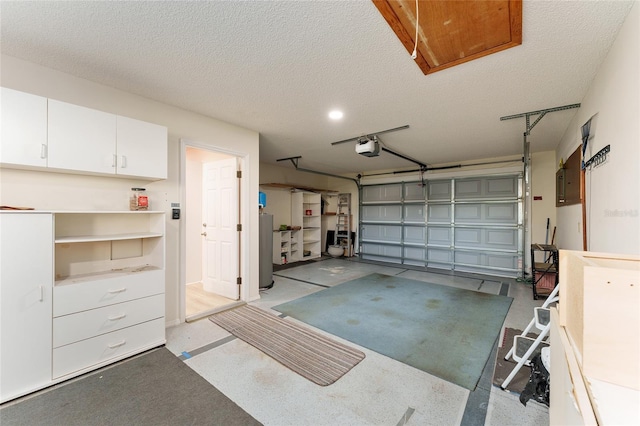 garage with water heater and a garage door opener