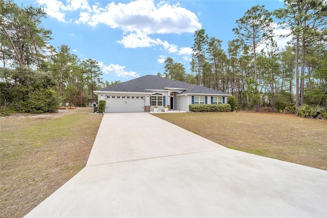 ranch-style home with a front lawn and a garage