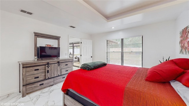 bedroom featuring a tray ceiling and ensuite bath