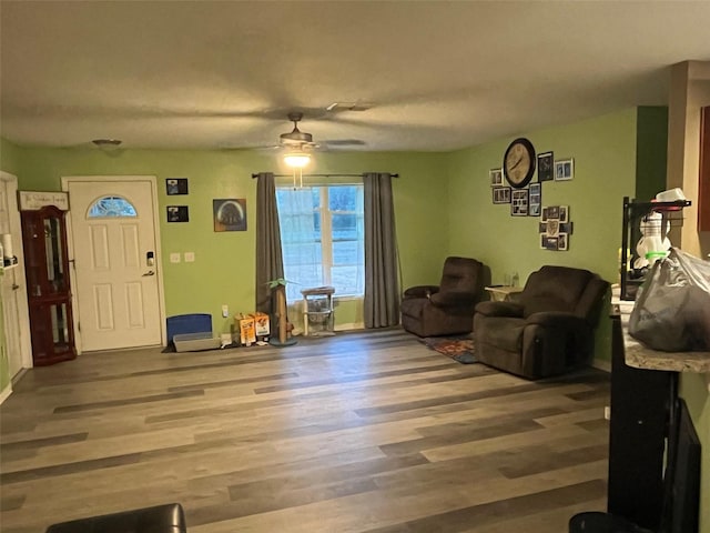 living room with ceiling fan and wood-type flooring