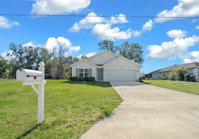 single story home with a front yard and a garage