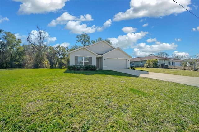 single story home with a front yard and a garage