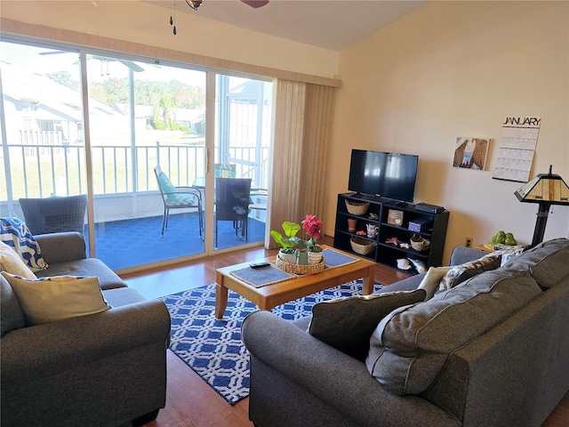 living room featuring ceiling fan and wood-type flooring