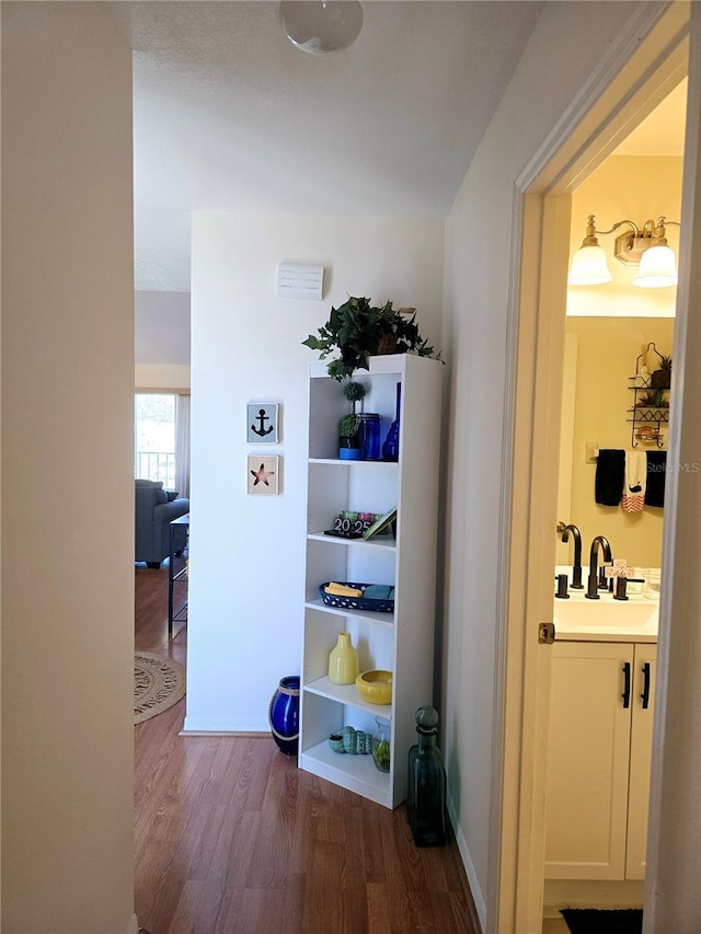 hallway featuring dark wood-type flooring and sink