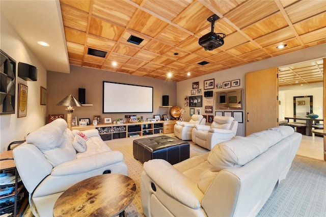 home theater with light colored carpet