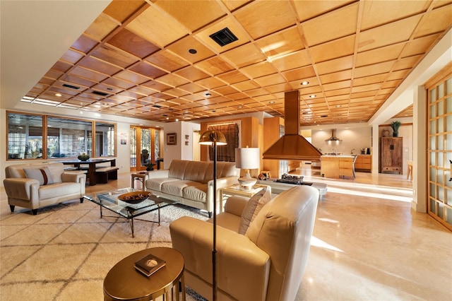 living room with wooden ceiling and coffered ceiling